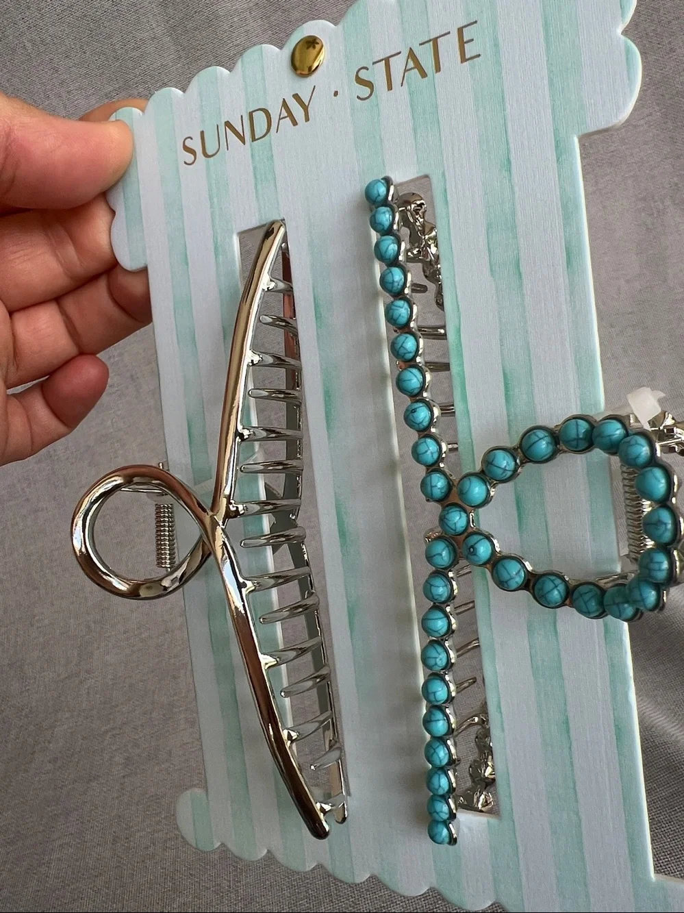 Sunday State Large Metal Claw Jaw hair clip Silver Turquoise Beads Encrusted 2